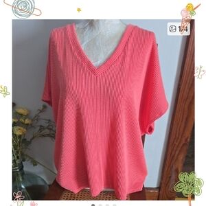 Nwt Women's V-Neck Ribbed Tunic Top in Coral Size 1x